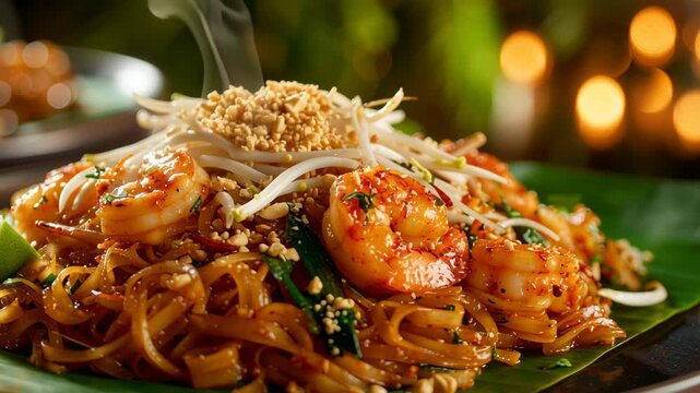 Shrimp pad thai with noodles crushed peanut topping bean sprout lime wedge served banana leaf plate vibrant appetizing Thai 4k video
