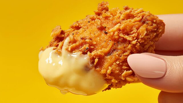 Crispy golden fried chicken nugget dipped in creamy cheese sauce with polished nails on vibrant yellow background food delight 4k video
