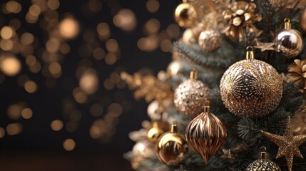 christmas tree with christmas decoration on backgroud with golden glittering onaments baubles and blurrd shiny lights