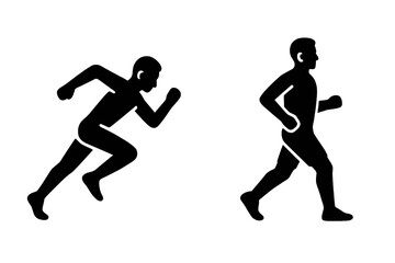 Two clean black vector icons of male runners in motion, showing sprint and jog poses for sport, fitness, and health design uses.