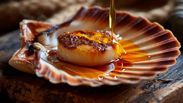 Seared scallop close up shell with golden sauce drizzled over seafood rustic wooden surface showcasing fresh seafood delicacy 4k video