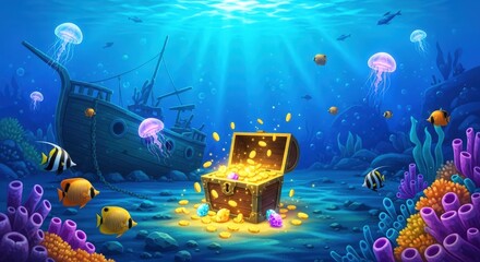 Magical Coral Garden with Fantasy Tropical Fish Centered Around a Glowing Treasure Chest