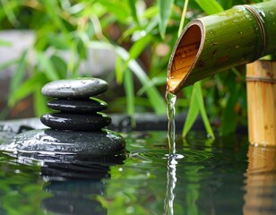 Serene water flows from bamboo into a stone basin, reflecting stacked stones