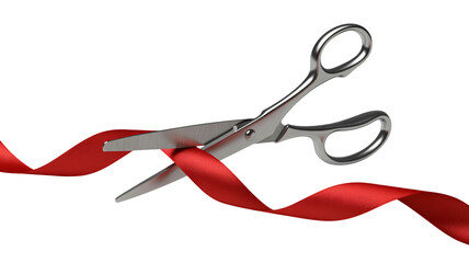 Grand opening ceremony cutting red ribbon with scissors
