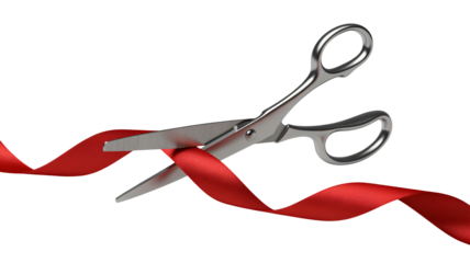 Grand opening ceremony cutting red ribbon with scissors