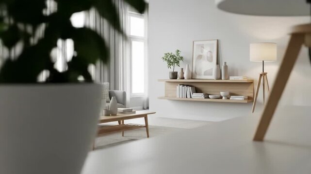 Minimalist living room with grey sofa, wooden table, & blurred plant