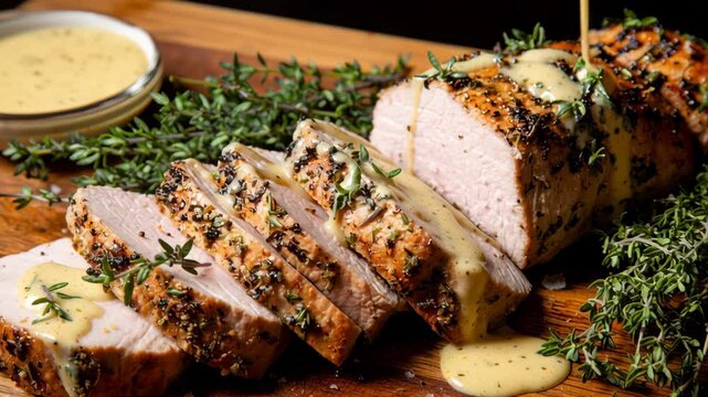 Herb crusted pork tenderloin sliced on wooden board with creamy mustard sauce and fresh thyme garnish savory appetizing meal 4k video