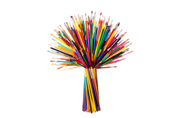 Vibrant bouquet of colored pencils arranged like a firework