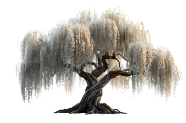 Mysterious weeping willow tree with cascading branches against a dark background