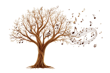 Abstract tree dissolving into musical notes on black background