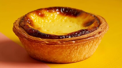 Portuguese egg tart pastry dessert baked golden crust with creamy custard filling and golden flaky crust on colorful background 4k video - Powered by Adobe