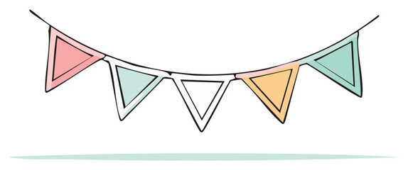 Hand-drawn colorful triangular bunting flags strung on a cord, festive decoration, celebration.