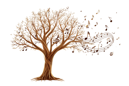 Abstract tree dissolving into musical notes on black background