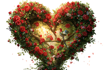 Heart shaped bush with red roses and a couple embracing inside