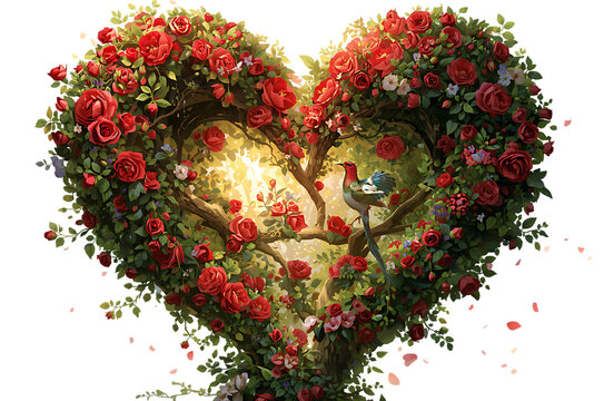 Heart shaped bush with red roses and a couple embracing inside