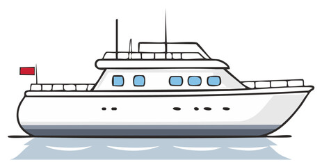 Luxury white motor yacht boat cartoon illustration on water with red flag