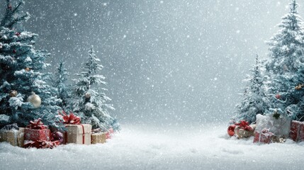 christmas and winter holiday marketing background with winter and christmas tree themes christmas ornaments and presents snowy vibes