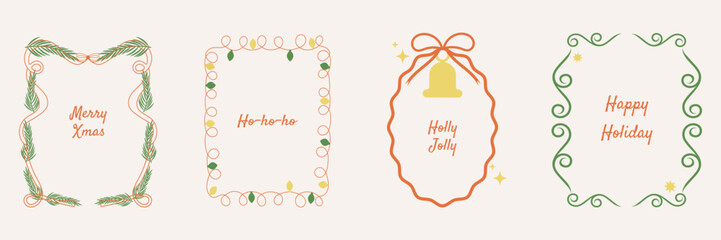 A set of hand drawn vintage Christmas frames. These festive frames feature fir branches, garlands, ribbons, and a bell. A decorative frame for cards and invitations.