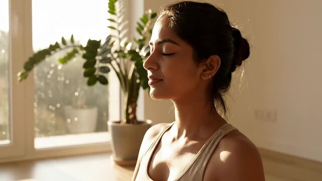 Woman Meditating in Sukhasana Pose - A serene young woman is practicing yoga, sitting in sukhasana pose, meditating with closed eyes and a peaceful expression.
