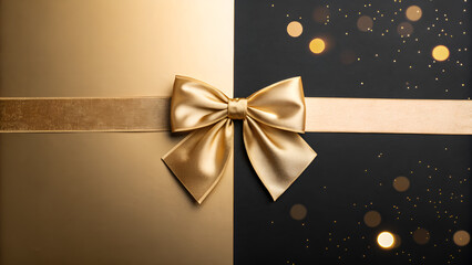 A golden gift box with a ribbon and bow on a Christmas holiday background is a shiny celebration decoration, Gold ribbon bow on black background, The Luxury of Gifting