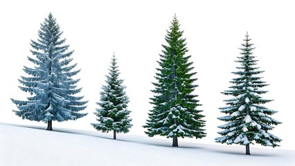 Fototapeta premium Snow covered pine trees on winter hill with white background and peaceful seasonal landscape 