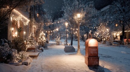 charming winter scene illuminated mailbox amidst a snowy street during christmas time