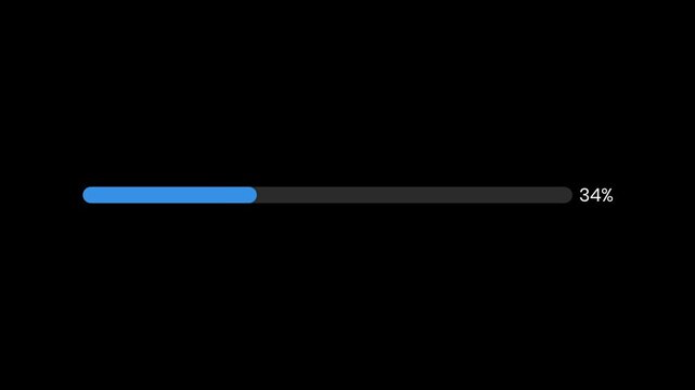 Blue progress bar animation from 0 to 100 percent on black background in 4K