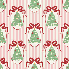 Vintage seamless pattern with decorative frames, bows, and Christmas trees. Trendy Christmas background. Embellishment for fabric and wrapping paper. Vector illustration.