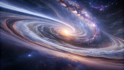 A bright blue spiral galaxy in deep space with an abstract feel and luminous stars, A swirling galaxy of vibrant colors, A radiant circular object resembling a swirling galaxy