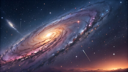 A luminous blue planet drifts through the vast dark universe under a sky full of bright stars and distant galaxies, a mesmerizing digital cyber wave swirling and pulsating in a dark,