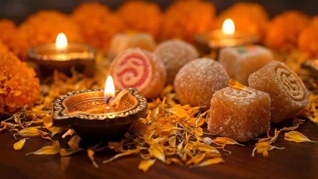 Celebrating Eco-Friendly Diwali Traditional Diyas, Sweets, and Marigold Flowers Creating Warm Festive Atmosphere for Hindu Festival