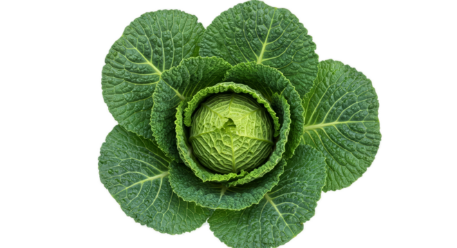Fresh Green Cabbage Head Close Up With Water Droplets Top View Isolated