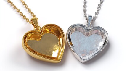 Elegant heart shaped locket necklaces in gold and silver on white background