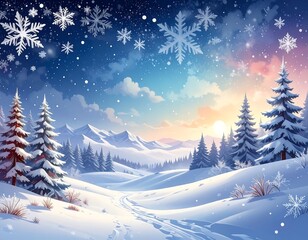 Snowy mountain landscape at sunrise, with snow falling and evergreens