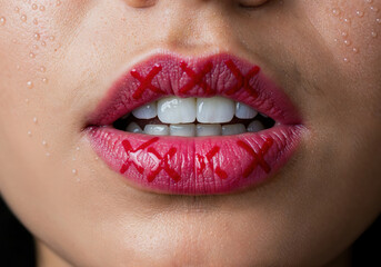 Naklejka premium Forbidden Voice: A close-up shot of lips sealed by red X marks, embodying the concept of silenced voice and suppressed expression.