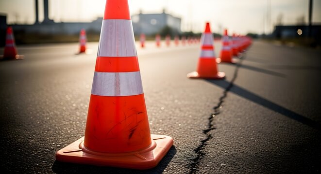 Rows of Orange Traffic Cones on Asphalt Road for Repairs