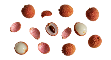 Fresh Lychee Fruits And Peeled Segments With Seed on Soft Peach Background