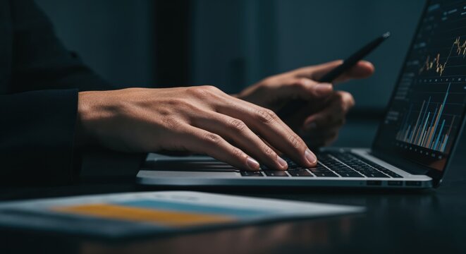 Data Analysis at Night: A focused individual deeply engrossed in analyzing financial data, their fingers dancing over the laptop keyboard as they meticulously examine market trends. - Powered by Adobe