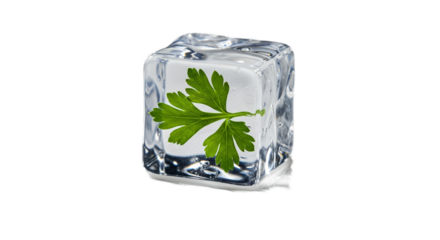 Fresh Parsley Herb Frozen In Crystal Clear Ice Cube Realistic Photo