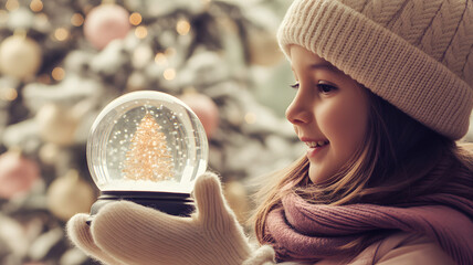 A young girl in winter clothes holding a snow globe with a christmas tree inside and smiling softly on transparent background