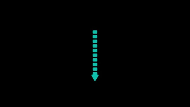 Abstract glowing green color down directional pointing symbol icon animation. Signal style and bouching slide arrow icon on a black background.