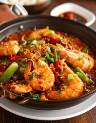 Spicy shrimp stir-fry in a dark pan, garnished with scallions and chilies