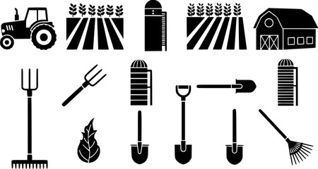 Obraz premium Black and white farm and agriculture flat icon set with tractor, crops, barn, and tools.