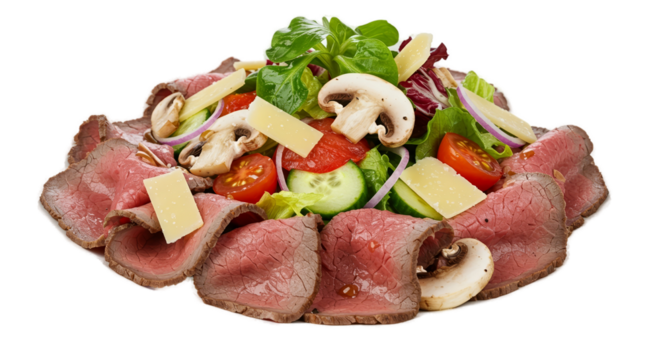 Fresh Roast Beef Salad With Mushrooms Tomatoes And Cheese Realistic Photo