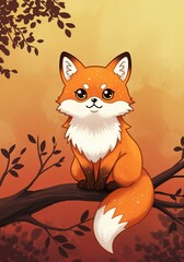 Fototapeta premium Fox on Branch: A charming illustration of a fox perched delicately upon a tree branch. Its coat shimmers in the warm afternoon glow, a portrait of nature's simple grace.