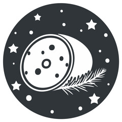 Stylized Christmas moon with pine branch and stars in a minimalist circular icon.