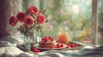 Breakfast Scene With Roses And Pancakes