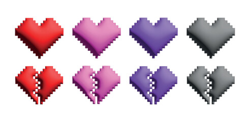 Set of pixel art 3D hearts in red, pink, violet, and gray shades. Includes full and split designs with glossy highlights and retro texture. Ideal for digital illustration and vector graphics.