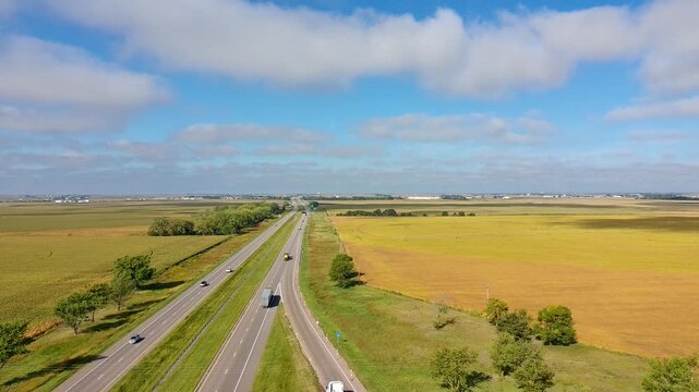 Interstate 80 stretches over the Great Plains of Nebraska in mid autumn