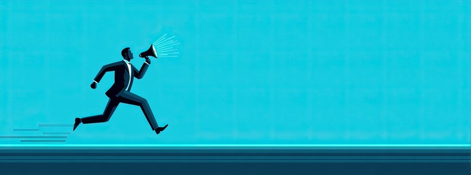 A silhouette of a businessman running while holding a megaphone against a blue background, symbolizing urgency and communication.